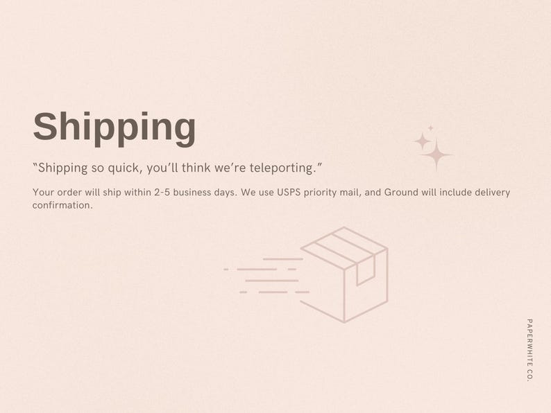 K&ouml;nnte beinhalten: Illustration einer Box mit einer Strichzeichnung eines Pakets, das schnell versandt wird. Der Text lautet "Shipping so quick, you'll think we're teleporting." Ihre Bestellung wird innerhalb von 2-5 Werktagen versandt. Wir verwenden den USPS-Priority-Versand, und Ground beinhaltet eine Zustellbest&auml;tigung.