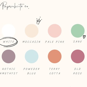 Op de afbeelding: Een kleurenpalet met 10 verschillende kleurstalen. De kleuren zijn wit, mokka, lichtroze, salie, gotische amethist, poederblauw, terracotta, oudroze en zwart. De tekst "Paperwhite co." staat bovenaan het palet.