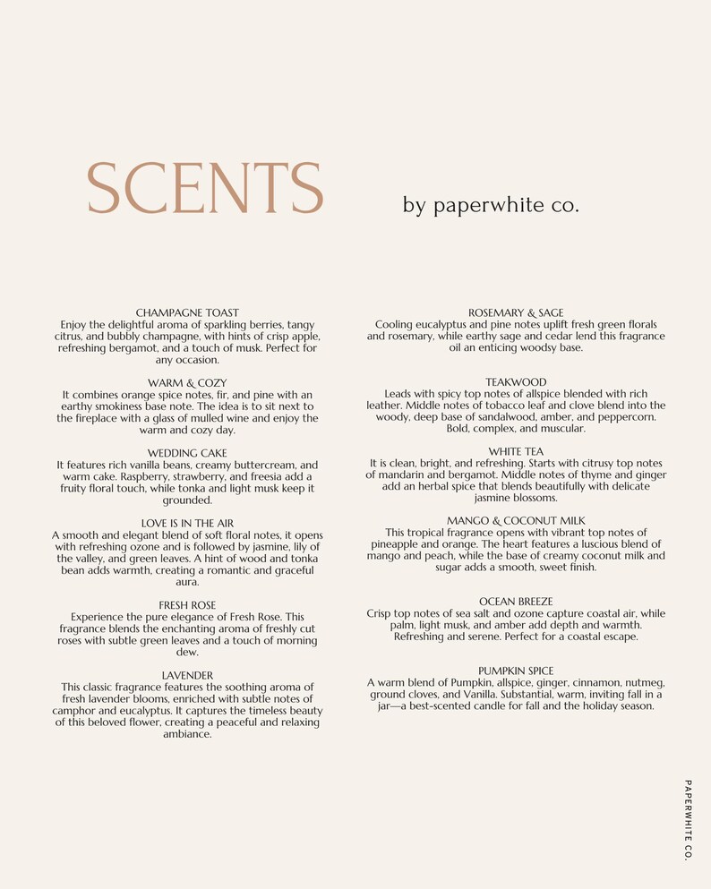 May include: A product description page for Paperwhite Co. fragrances. The page features the word "SCENTS" in large, elegant lettering, with descriptions of various fragrance blends like Champagne Toast, Fresh Rose, and Pumpkin Spice.