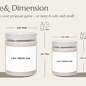 May include: Two beige candle jars with silver lids are displayed, one measuring 2.85 inches wide and 3.5 inches tall, holding 7 oz. The other is 2.25 inches wide and 2.75 inches tall, holding 4 oz. Text reads "Size & Dimension".