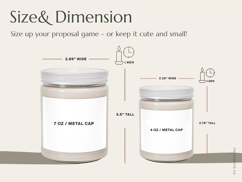 May include: Two beige candle jars with silver lids are displayed, one measuring 2.85 inches wide and 3.5 inches tall, holding 7 oz. The other is 2.25 inches wide and 2.75 inches tall, holding 4 oz. Text reads "Size & Dimension".
