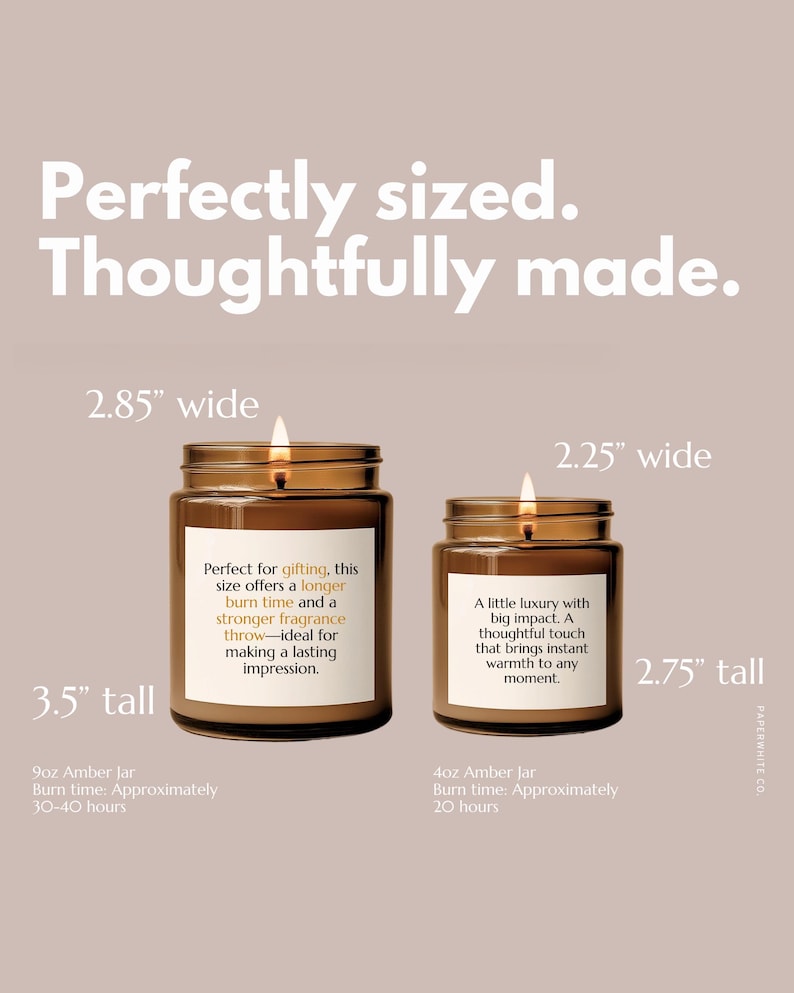 May include: Two amber glass jar candles with white labels and lit wicks. The larger candle is 2.85 inches wide and 3.5 inches tall, while the smaller candle is 2.25 inches wide and 2.75 inches tall. Text on labels includes descriptions of burn times.