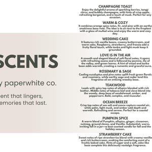 May include: A product description card for Paperwhite Co. scents. The card lists various fragrance descriptions, including Champagne Toast, Warm & Cozy, Wedding Cake, Love Is In The Air, Rosemary & Sage, Teakwood, Ocean Breeze, Pumpkin Spice, and Strawberry Cake.