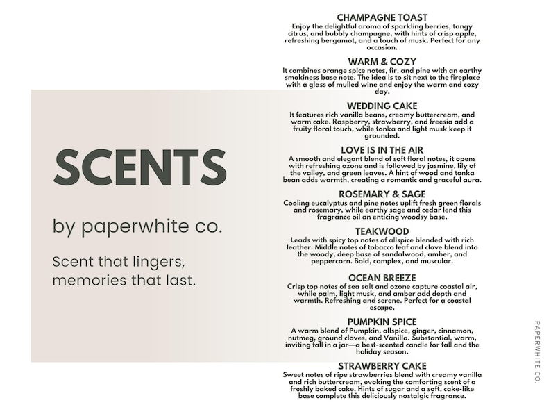 May include: A product description card for Paperwhite Co. scents. The card lists various fragrance descriptions, including Champagne Toast, Warm & Cozy, Wedding Cake, Love Is In The Air, Rosemary & Sage, Teakwood, Ocean Breeze, Pumpkin Spice, and Strawberry Cake.
