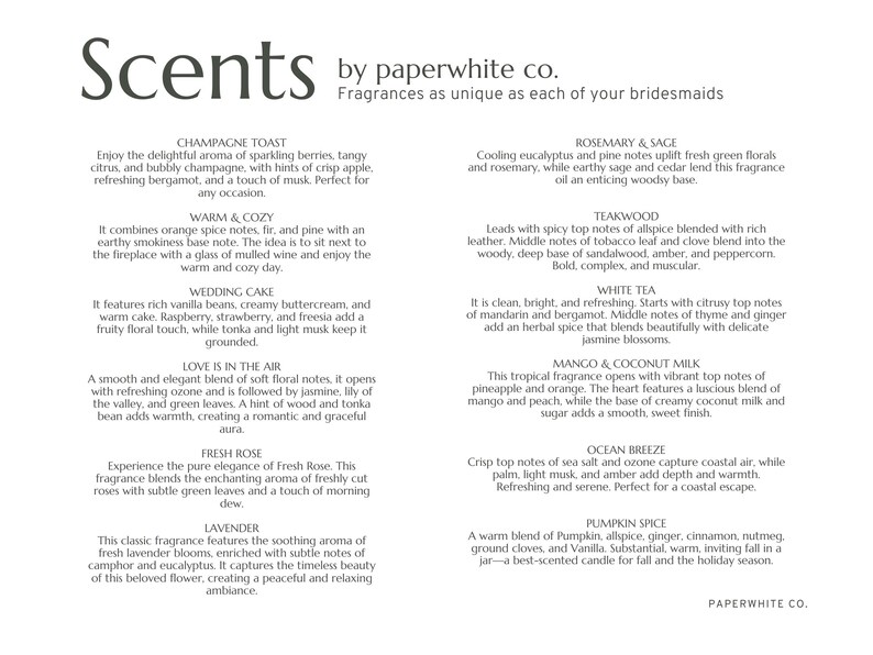 May include: A white card with a black and gray title "Scents by paperwhite co." and a list of 12 different candle scents with descriptions of each scent.
