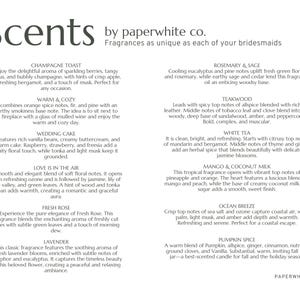 May include: A product list from Paperwhite Co. featuring various fragrance descriptions. Scents include Champagne Toast, Warm & Cozy, Wedding Cake, Love is in the Air, Fresh Rose, Lavender, Rosemary & Sage, Teakwood, White Tea, Mango & Coconut Milk, Ocean Breeze, and Pumpkin Spice.