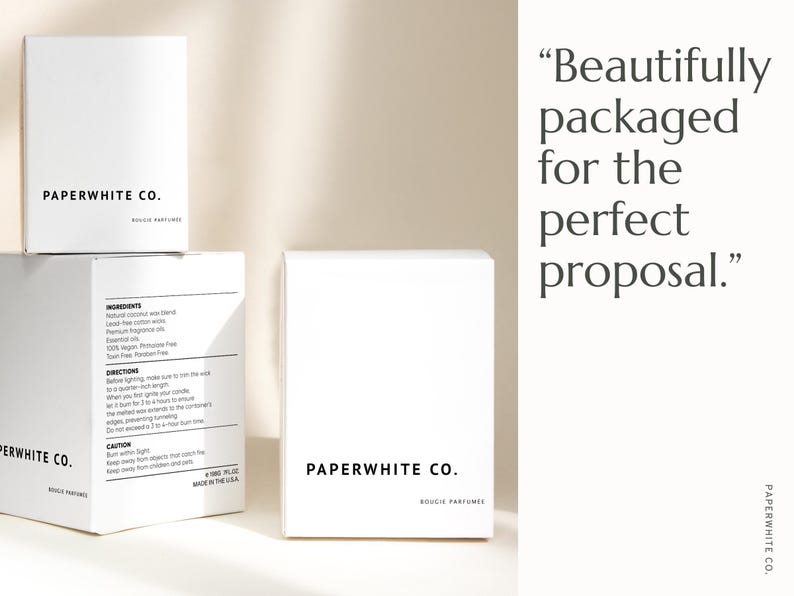 May include: White boxes with the text "PAPERWHITE CO." and "BOUCIE PARFUMES" printed in black. One box has product information. The text "Beautifully packaged for the perfect proposal" is also visible.