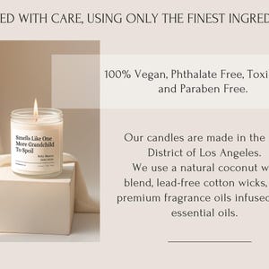 May include: A lit candle in a clear glass jar with the text "Smells Like One More Grandchild To Spoil" on a white label. The candle sits on a white block. The image includes text stating the candle is vegan, phthalate, toxin, and paraben free.