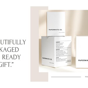 May include: Three white boxes with the text "PAPERWHITE CO." printed on them. The boxes are stacked on top of each other. The top box has the text "SOY WAX CANDLES" printed on it. The middle box has the text "BLACK PEPPER" printed on it. The bottom box has the text "SOY WAX PERFUMES" printed on it. The text "BEAUTIFULLY PACKAGED AND READY TO GIFT." is printed in black text on a white background.