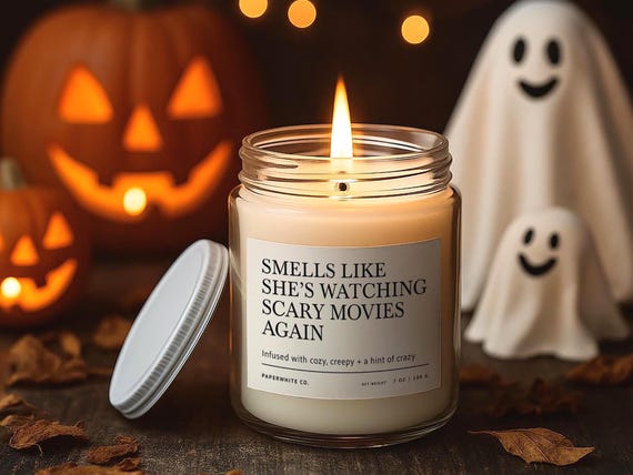 Horror Movie Candle - She's Watching Scary Movies - 90s Halloween Horror Themed Movie Night, Spooky Gift F96