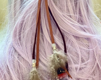 Leather & feather hair tie with pony elastic