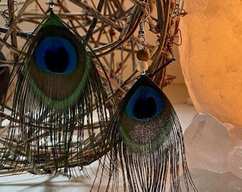 Peacock feather, Prehnite and Sandalwood Earrings