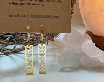 Phases of the Moon rectangle drop earring with raw brass