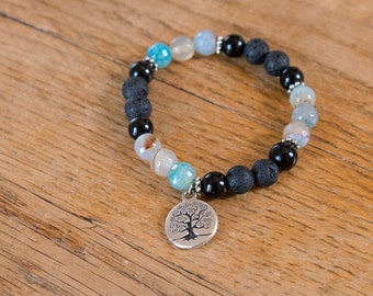 Reiki Natural Stones Healing & Aromatherapy Bracelet, Genuine Aqua Agate, Rainbow Obsidian and Lava with silver colored Tree of Life charm