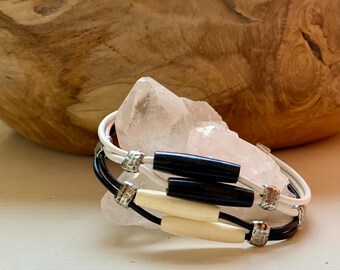 Leather and bone hairpipe bracelet - YinYang - Harmony- Reiki infused