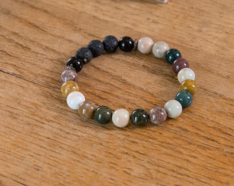 Reiki infused Natural Stones Healing & Aromatherapy Bracelet, Genuine Ocean Jasper, Rainbow Obsidian and Lava for your essential oils