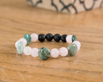 Natural Stones Healing & Aromatherapy Bracelet, Genuine Rose Quartz, Dragon Blood Jasper and Lava for your essential oil