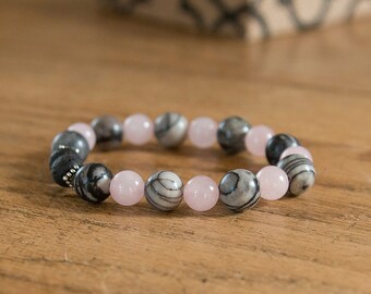 Reiki infused Natural Stones Healing & Aromatherapy Bracelet, Genuine Rose Quartz, Spiderweb Jasper,  with Lava stones for essential oils.