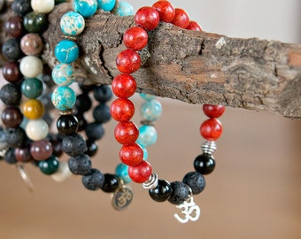 Natural Stones Healing & Aromatherapy Bracelet,Genuine Red Sponge Coral, Rainbow Obsidian with Ohm charm and Lava stones