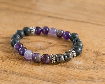 Reiki infused Natural Stones Healing & Aromatherapy Bracelet,Genuine Amethyst and Hematite with Lava stones for essential oils.