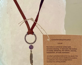 Reiki infused, Leather, circle, amethyst, feather necklace....balance & inner peace