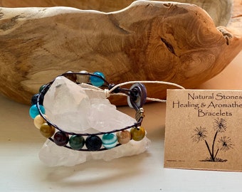 Leather & stone bracelet, blue striped agate, ocean jasper, brecciated jasper with lava for essential oils- Reiki infused