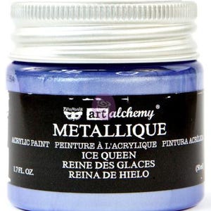 May include: A jar of Finnabair Art Alchemy Metallique acrylic paint in the colour Ice Queen. The jar features a silver screw-top lid and a black label with white text reading Metallique, Ice Queen, and 50 ml. The paint is a metallic blue.