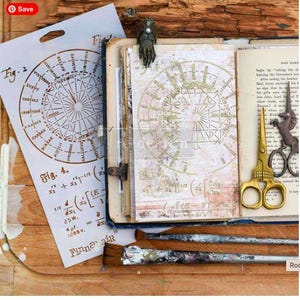 May include: An open vintage book with a hand-shaped metal bookmark, a stencil with circular diagrams, and gold scissors. The book's pages feature printed text and a circular design. Paintbrushes and a metal dragon figurine are also visible.