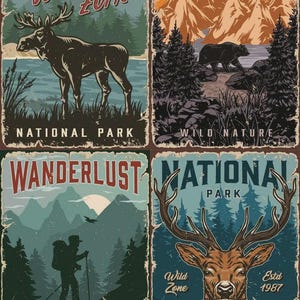 May include: Four vintage-style posters with nature themes. The posters feature illustrations of a moose, a bear, a hiker, and a deer. Text includes "Wild Zone," "Adventure Awaits," "Wanderlust," "National Park," "Exploring," and "Camping."