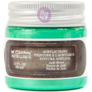 May include: A jar of Art Alchemy Metallique acrylic paint in the colour Jade Stone. The jar has a silver screw-top lid and a label with the text Art Alchemy Metallique, Acrylic Paint, and 1.7 fl. oz. (50 ml). The paint inside is a bright green.