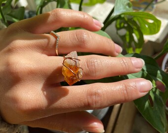Raw citrine ring, copper wire wrapped