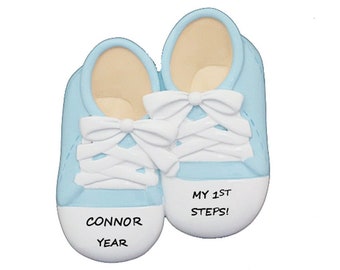Blue Baby Shoes - Baby's 1st Steps - Hand Personalized Christmas Ornament