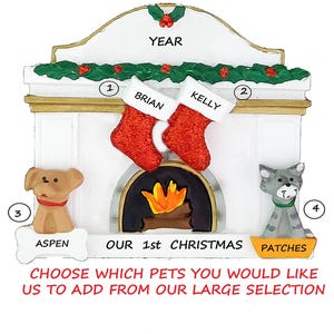 Personalized Fireplace Ornament With 2 Stockings And 2 Dogs or Cats Added - Our 1st Christmas - Our New Home - Couple with 2 Pets