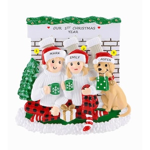 Couple Celebrating Christmas by the Fire with Their Dog Personalized Ornament - Couple with Tan Dog by the Fire - Puppy for Christmas!