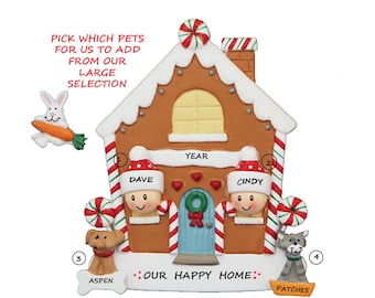 Gingerbread House Couple's Ornament with two Pets - Home Sweet Home Ornament w/ 2 Dogs or Cats - Couple's New Pet Hand-Personalized Ornament
