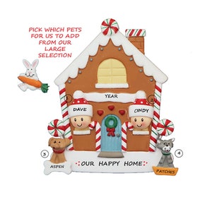 Gingerbread House Couple's Ornament with two Pets - Home Sweet Home Ornament w/ 2 Dogs or Cats - Couple's New Pet Hand-Personalized Ornament