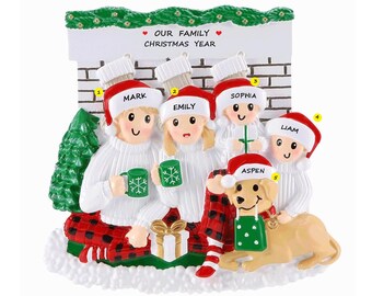 Family of 4 Celebrating Christmas by the Fire with Their Dog Personalized Ornament - Family of Four get a Puppy for Christmas!