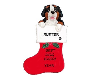 Black Tan and White Dog in Stocking Personalized Ornament - Bernese Ornament - Bernese Christmas Ornament