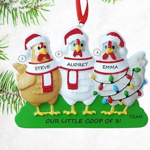 May include: A Christmas ornament featuring three chickens wearing Santa hats and scarves. The chickens are named Steve, Audrey, and Emma. One chicken is adorned with Christmas lights. The ornament reads "OUR LITTLE COOP OF 3! YEAR".