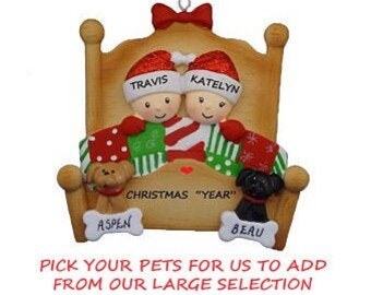 Personalized Couple Snuggled in Bed with 2 Dogs or Cats Added Christmas Ornament - Our 1st Christmas Ornament - Hand Personalized