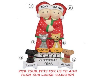 Personalized Pajama Christmas Couple Ornament with 4 Dogs, Cats, or Bunnies -Pajama Couple Ornament with 4 Dogs, Cats or Bunnies