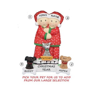 Personalized Pajama Christmas Couple Ornament with 3 Dogs, Cats, or Bunnies -Pajama Couple Ornament with 3 Dogs, Cats or Bunnies