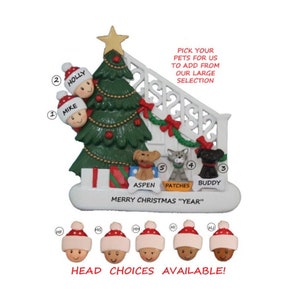 Couple Celebrating Christmas Together Personalized Christmas Ornament with 3 Dogs, Cats or Bunnies Added -Bi-Racial, Ethnic, Ornament