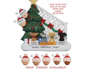 Couple Celebrating Christmas Together Personalized Christmas Ornament with 4 Dogs, Cats or Bunnies Added -Bi-Racial, Ethnic, Ornament