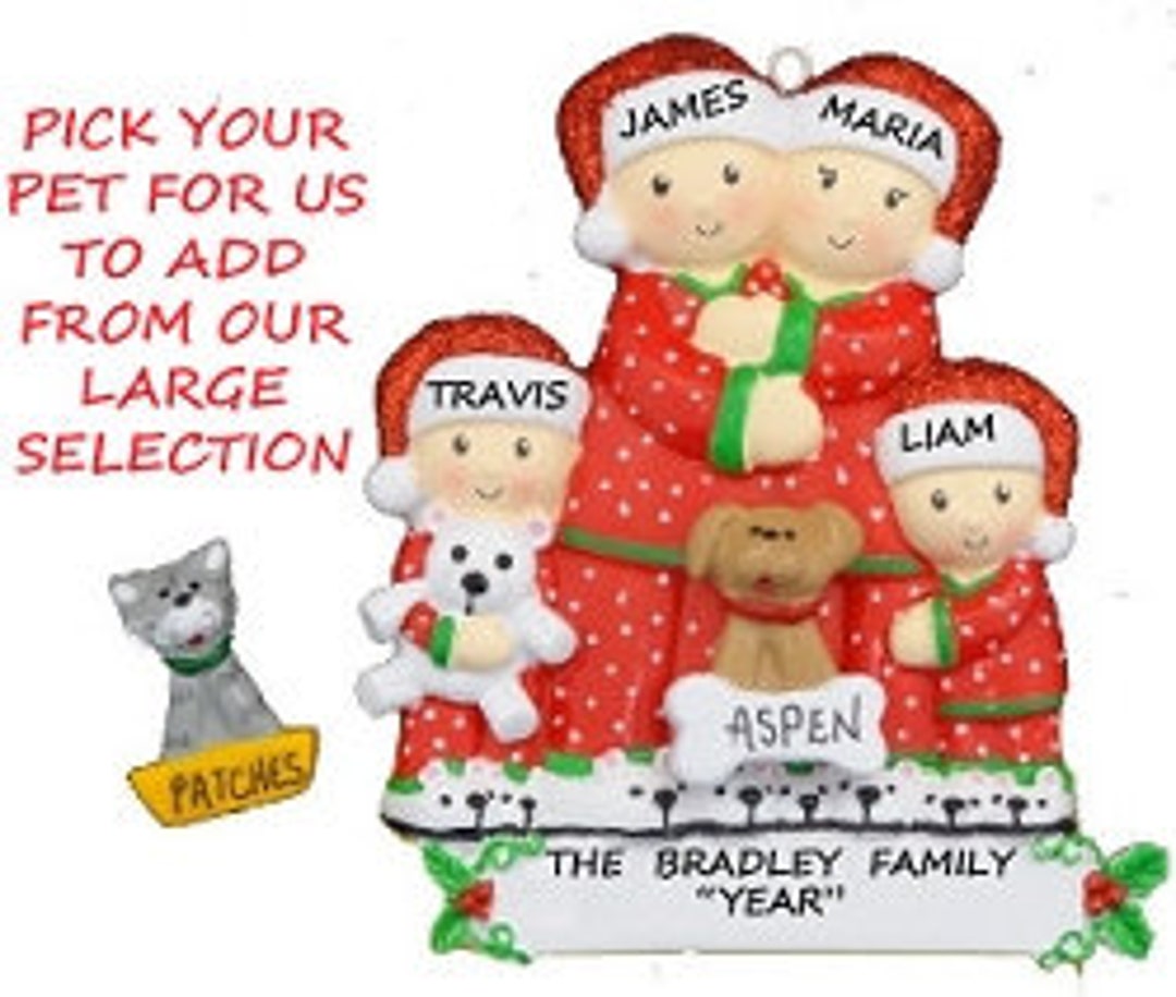 Personalized Family of 4 Ornament With Custom Dog or Cat - Pajama ...