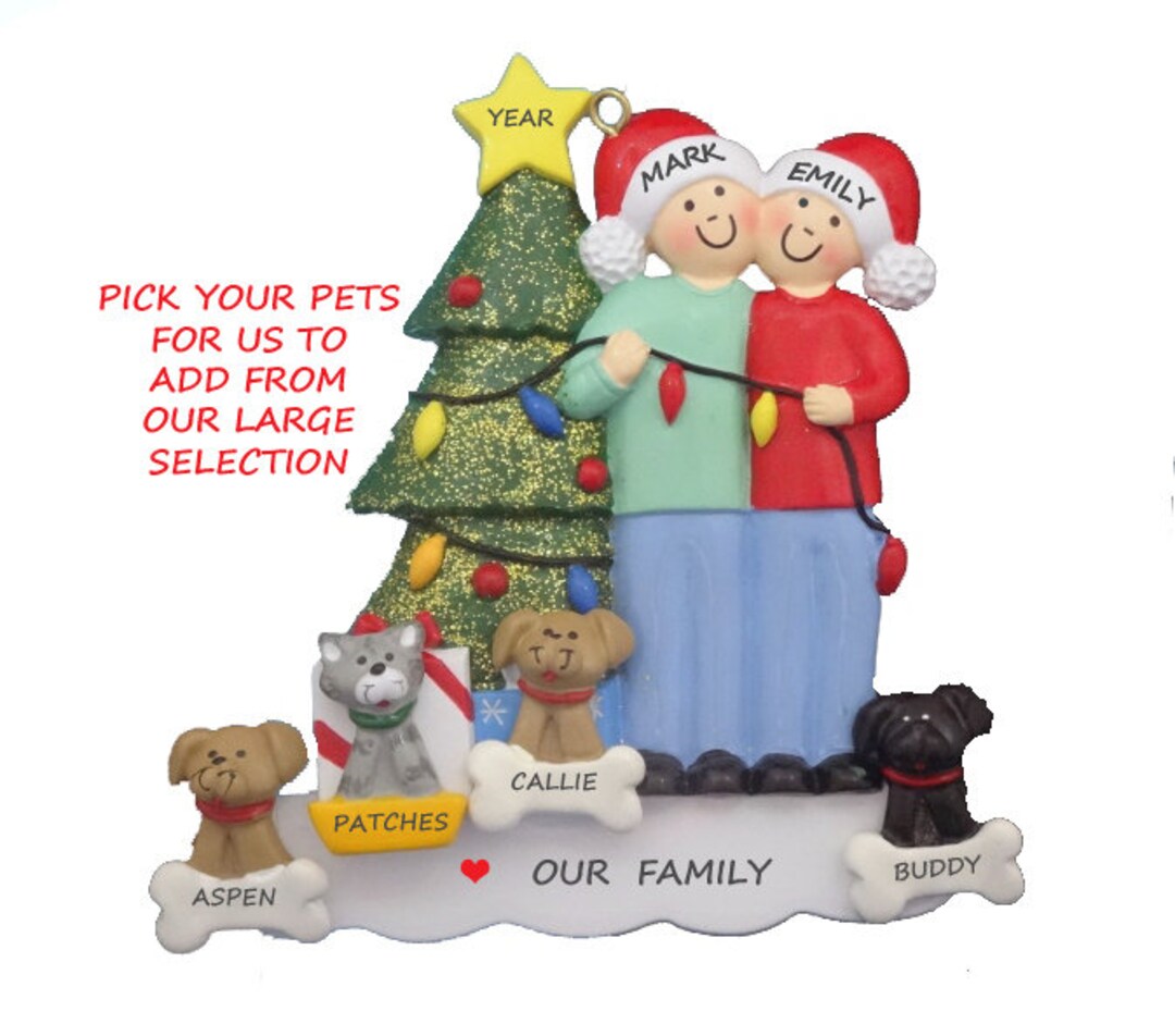 Couple With 4 Custom Pets Dogs or Cats Personalized Christmas Ornament ...