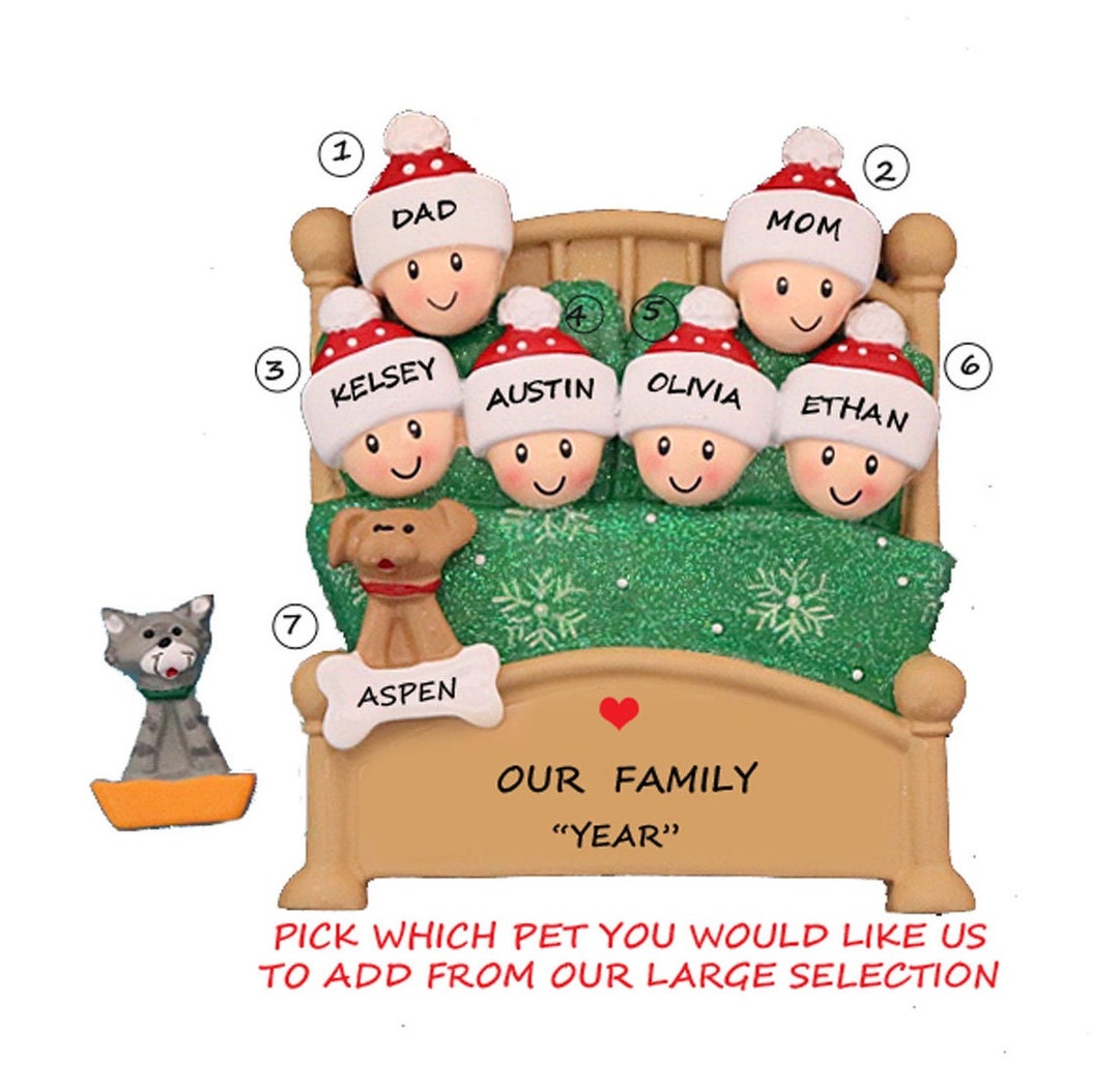 Personalized Family 6 Snuggled in Bed With Dog or Cat Christmas ...