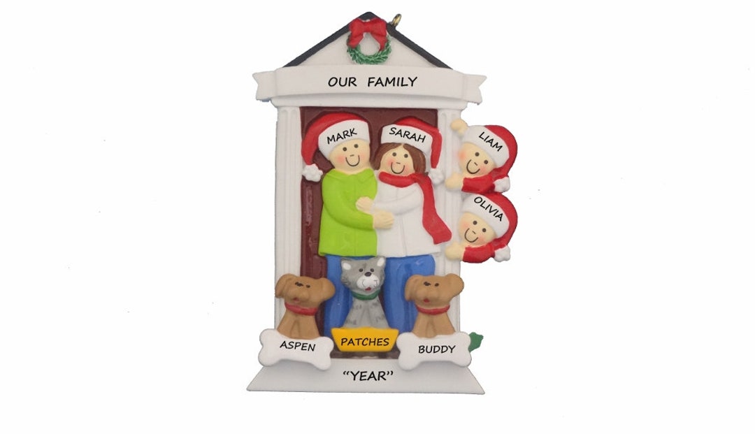 Door Family of 4 With 3 Dogs or Cats Personalized Christmas Ornament ...