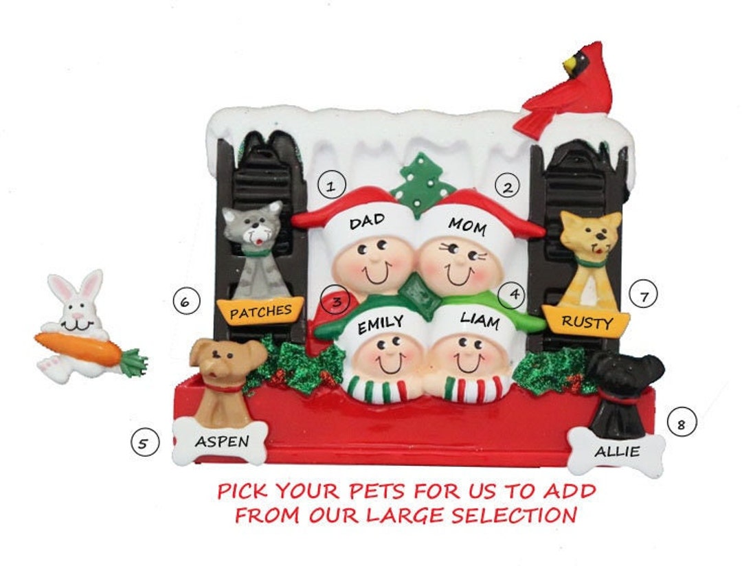 Personalized Family of 4 Looking in Window Ornament With 4 Pets ...