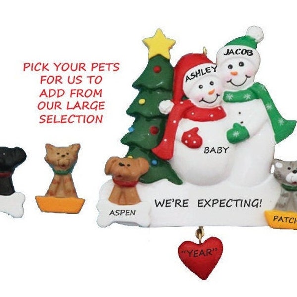 Expecting Snow Couple Personalized Ornament with 2 Dogs or Cats Added - Expecting Snow Couple with Custom Dogs or Cats Added